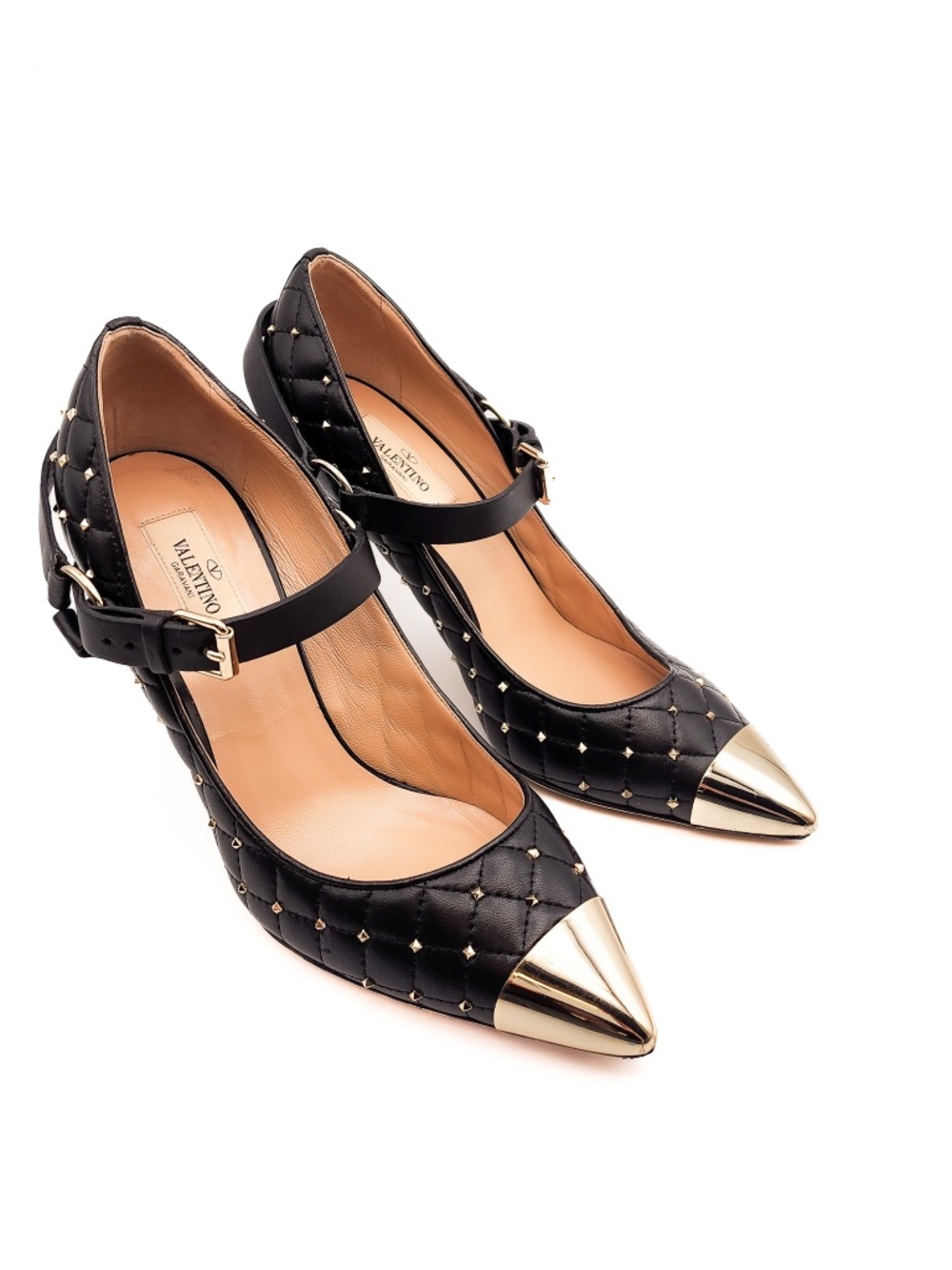 Valentino Garavani Black Leather Rockstud Quilted Strap Gold Cap Pumps EU 38